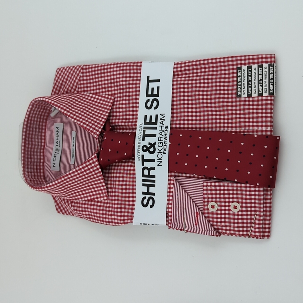 Men's Dress Shirt & Tie Set by Nick Graham Everywhere Red White Plaid Medium